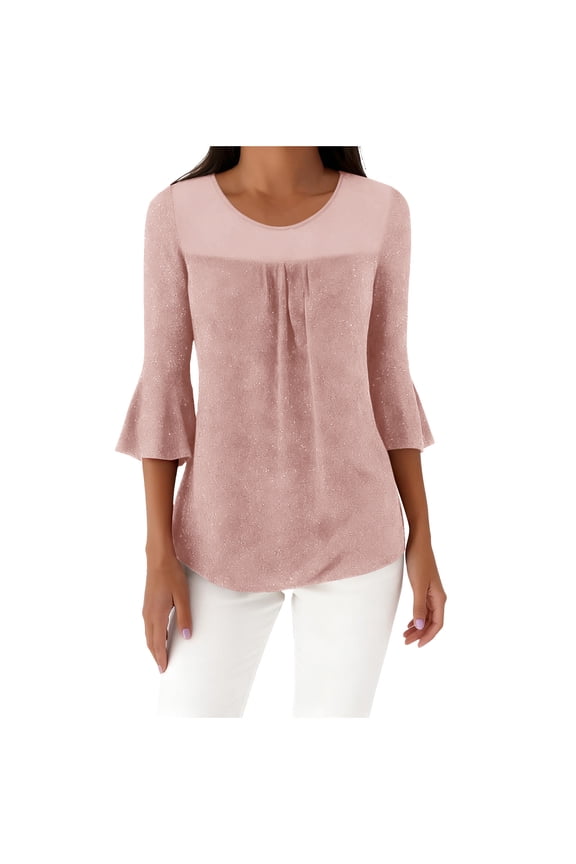 Womens Sparkly Tops Dressy Ruffle 3/4 Sleeve Blouses Elegant Mesh Tunic Party Evening Shirts