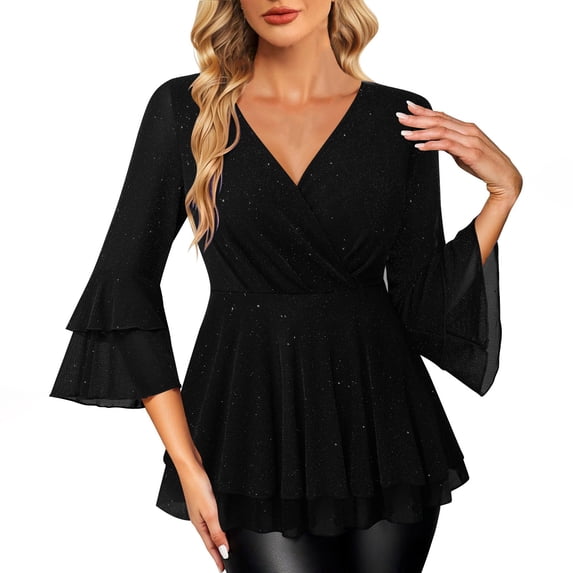 Maplenight Womens Sparkly Tops Dressy Ruffle 3/4 Sleeve Blouses Mesh Flowy Tunic Tops Elegant Party Evening Shirts
