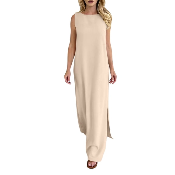 Maplenight Womens Summer Linen Dresses Beach Vacation Maxi Dress Solid Crew Neck Sleeveless Sundresses