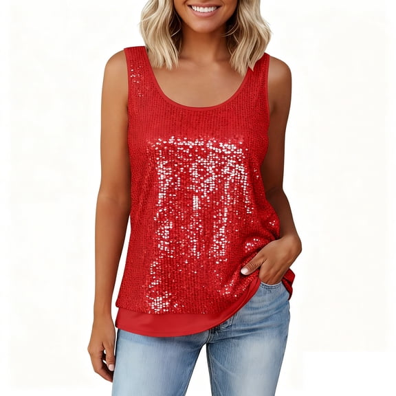 Maplenight Womens Summer Sequin Tops Scoop Neck Sparkly Sleeveless Tanks Tops Party Evening Holiday Blouses