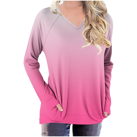 Maplenight Womens T shirts Raglan Long Sleeve Shirts V-Neck Fall Fashion Clothes Gradient Color Loose Casual Going Out Tops