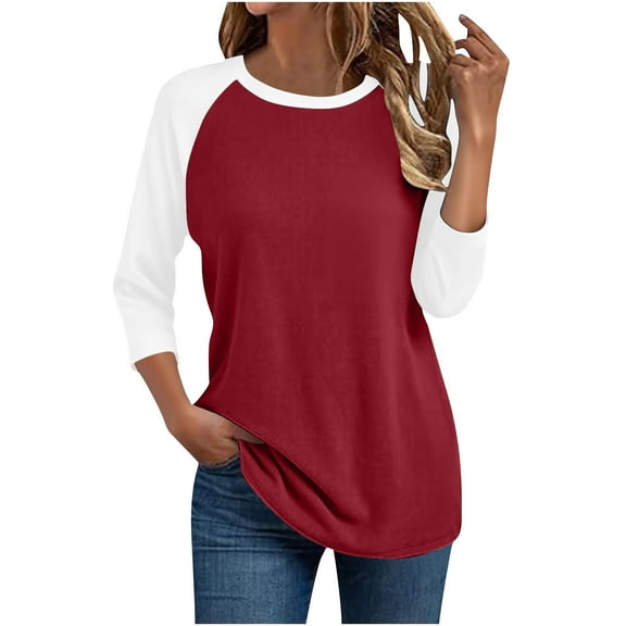 Maplenight Womens Tops 3/4 Sleeve Shirts Crew Neck Loose Fit Casual Tshirts Color Block Fall Tees