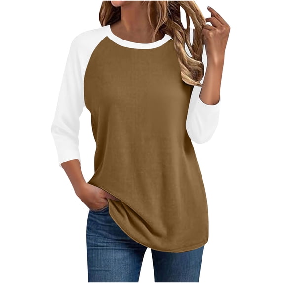 Maplenight Womens Tops 3/4 Sleeve Shirts Crew Neck Loose Fit Casual Tshirts Color Block Fall Tees