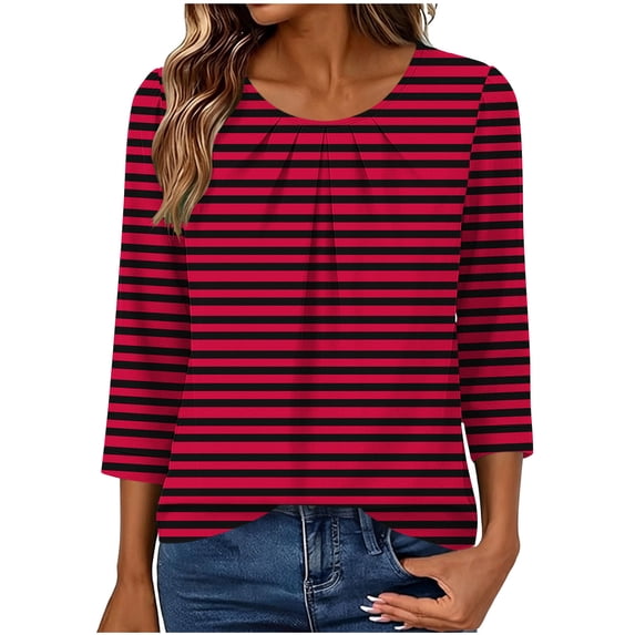 Maplenight Womens Tops Crew Neck 3/4 Sleeve Striped Shirts Relaxed Fit Pleated Front Casual Tops Work Office Vacation Blouses