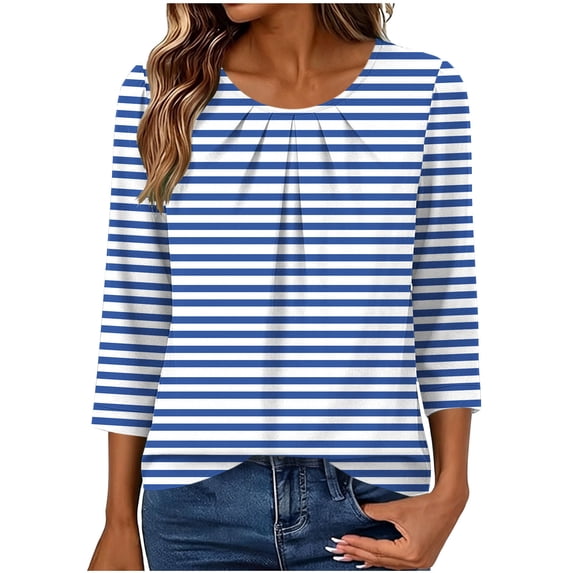 Maplenight Womens Tops Crew Neck 3/4 Sleeve Striped Shirts Relaxed Fit Pleated Front Casual Tops Work Office Vacation Blouses