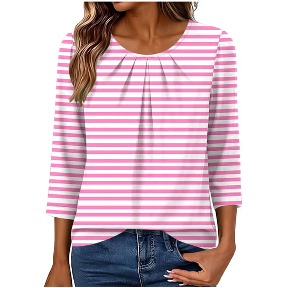 Maplenight Womens Tops Crew Neck 3/4 Sleeve Striped Shirts Relaxed Fit Pleated Front Casual Tops Work Office Vacation Blouses