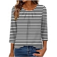 thumbnail image 1 of Maplenight Womens Tops Crew Neck 3/4 Sleeve Striped Shirts Relaxed Fit Pleated Front Casual Tops Work Office Vacation Blouses, 1 of 4