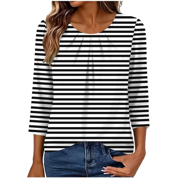 Maplenight Womens Tops Crew Neck 3/4 Sleeve Striped Shirts Relaxed Fit Pleated Front Casual Tops Work Office Vacation Blouses