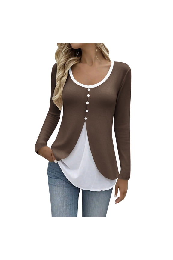 Womens Tops Long Sleeve Button Down Shirts Fitted Scoop Neck Blouses Fall Fashion Clothes