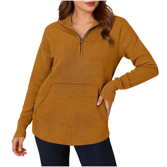 Maplenight Womens Tops Long Sleeve Quarter Zip Pullover Sweater Casual Loose Collared Fall Blouses with Pocket