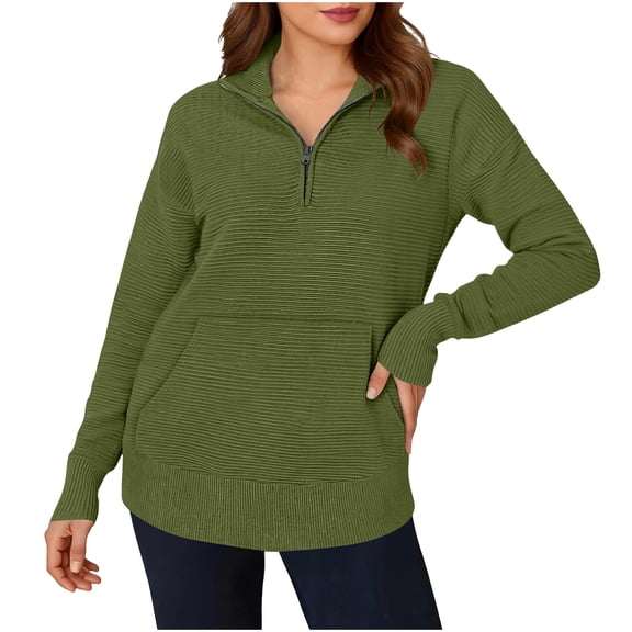 Maplenight Womens Tops Long Sleeve Quarter Zip Pullover Sweater Casual Loose Collared Fall Blouses with Pocket