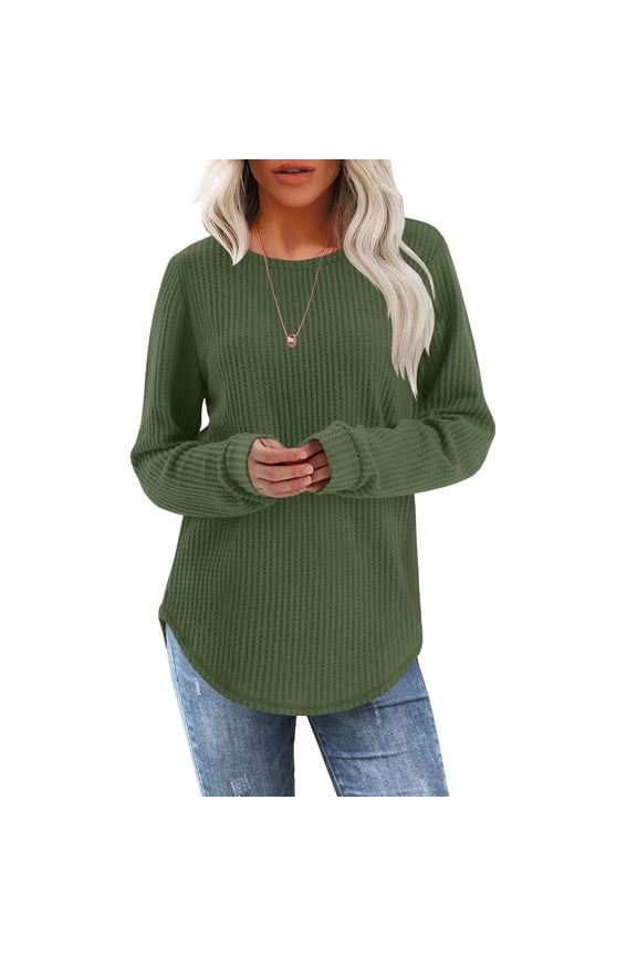 Womens Tops Waffle Knit Long Sleeve Shirts Loose Fit Dressy Tunic Tops Fall Fashion Clothes