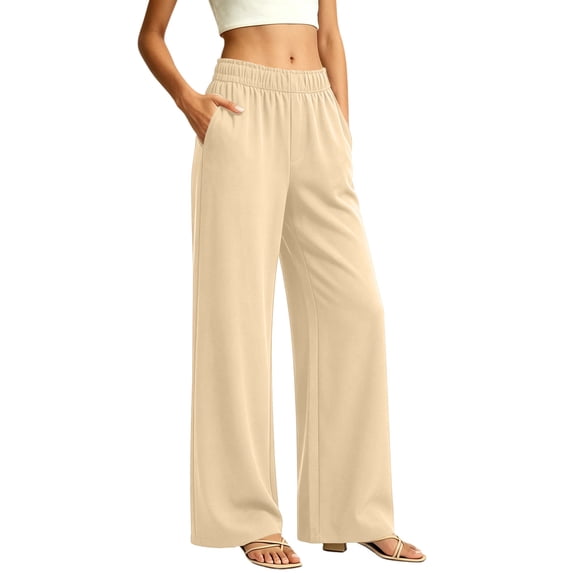 Maplenight Womens Wide Leg Pants with Pockets Elastic High Waist Casual Pants Work Office Evening Trousers