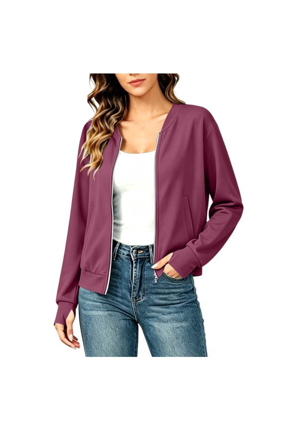 Zip Up Jackets for Women Cropped Bomber Jacket with Thumb Holes Long Sleeve Casual Outerwear with Pockets