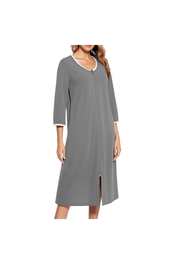 Zip Up Robes for Women 3/4 Sleeve Long Housecoat Soft Nightgowns Sleepwear Mumu House Dresses with Pockets