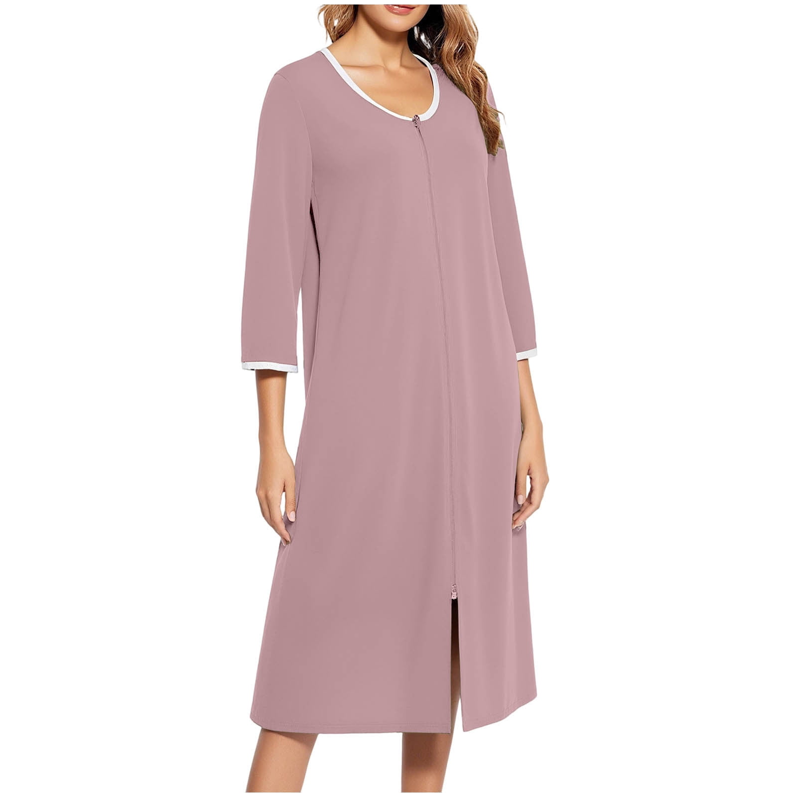 Maplenight Zip Up Robes for Women 3/4 Sleeve Long Housecoat Soft ...