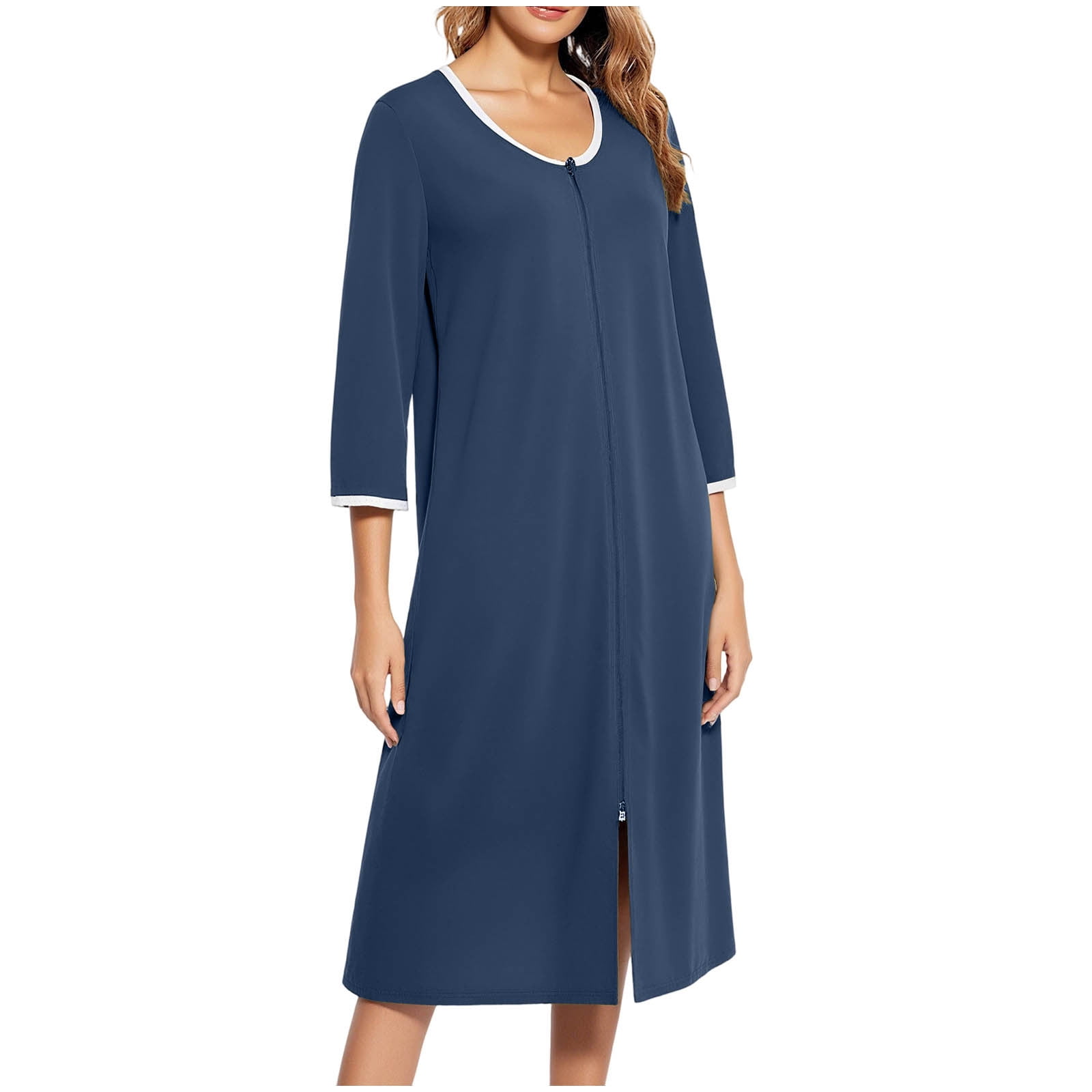 Maplenight Zip Up Robes for Women 3/4 Sleeve Long Housecoat Soft ...