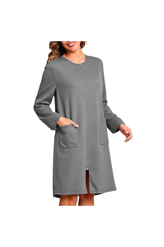 Zip Up Robes for Women Knee Length Long Sleeve Housecoat Soft Nightgowns Sleepwear Mumu House Dresses with Pockets