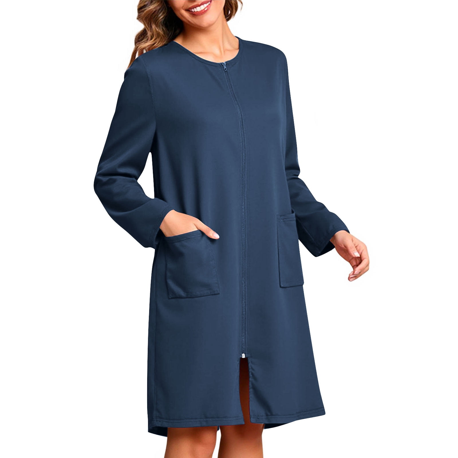 Maplenight Zip Up Robes for Women Knee Length Long Sleeve Housecoat ...