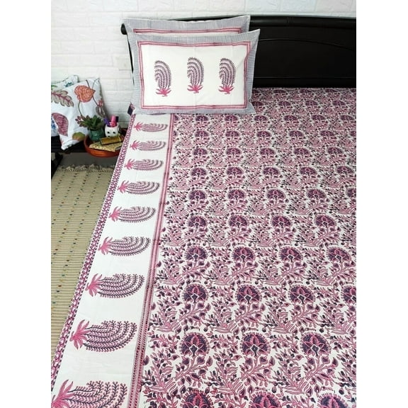 Maplepad 3-Piece Handblock Printed Asian Inspired Cotton Bed Sheet Set, 90" x 108"