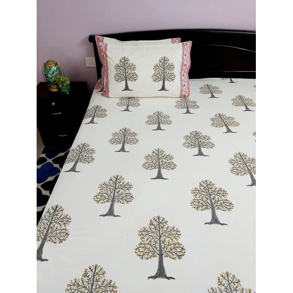 Maplepad Handblock Anar Yellow Tree Print Cotton Double Bedsheet with Two Pillowcases, Size 90"X108", Pk1