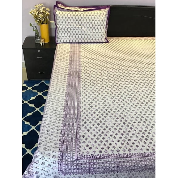 Maplepad Handblock Cotton Double Bedsheet with 2 Pillowcases, 90"X108", White and Purple Indian Motif