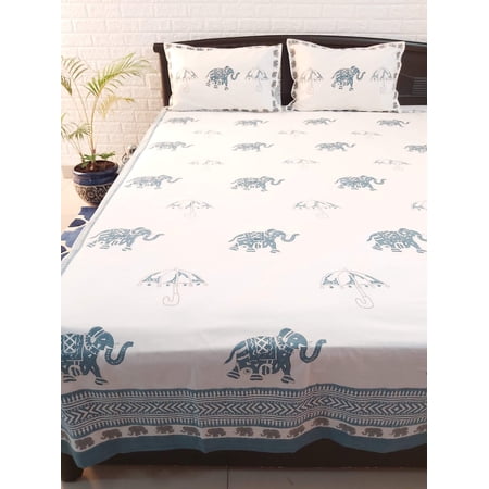 Maplepad Handblock Elephant Umbrella Print Grey Cotton Double Bedsheet with Two Pillowcases, Size 90"X108", Pk1