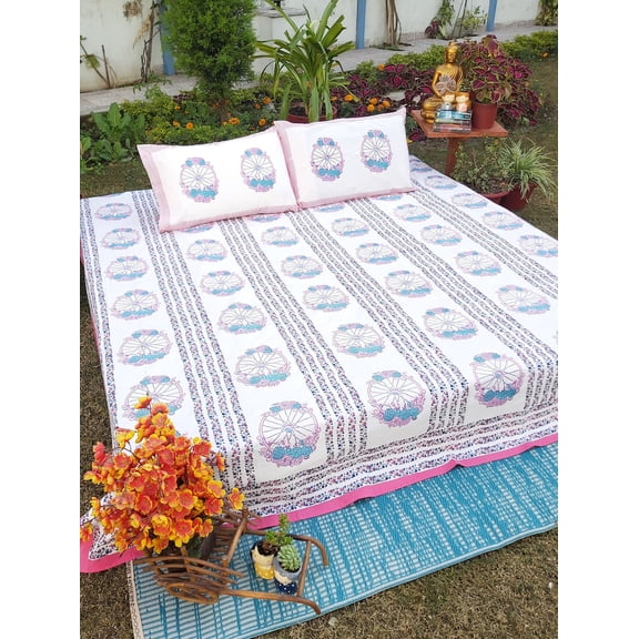 Maplepad Handblock Floral Wheel Pink Cotton Double Bedsheet with Two Pillowcases, Size 90"X108", Pk1