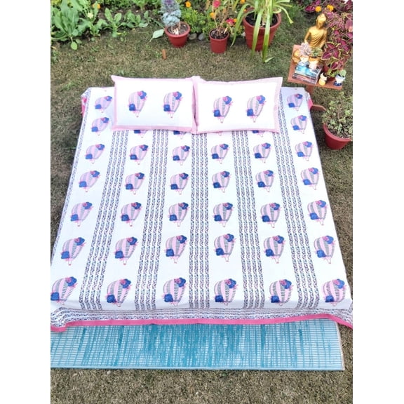 Maplepad Handblock Hot Balloon Cotton Double Bedsheet with Two Pillowcases, Size 90"X108", Pk1