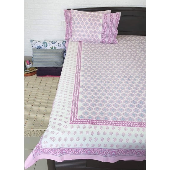 Maplepad Handblock Lavender Indian Print Cotton Double Bedsheet with Two Pillowcases, Queen Size