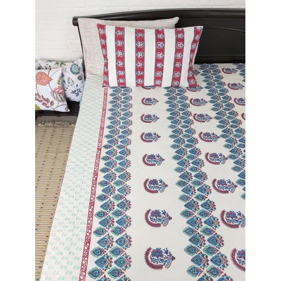 Maplepad Handblock Maroon Floral Print Cotton Double Bedsheet with Two Pillowcases, Size 90"X108", Pk1