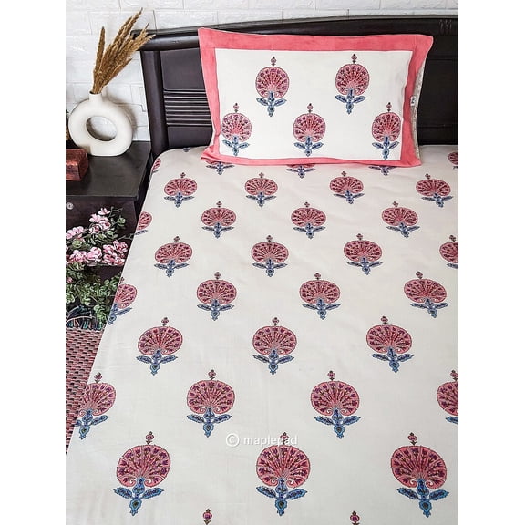 Maplepad Handblock Peach Motif Cotton Double Bedsheet with Two Pillowcases, Size 90"X108", Pk1