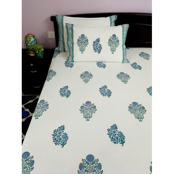 Maplepad Handblock Turquoise Floral Motif Cotton Double Bedsheet with Two Pillowcases, Size 90"X108", Pk1