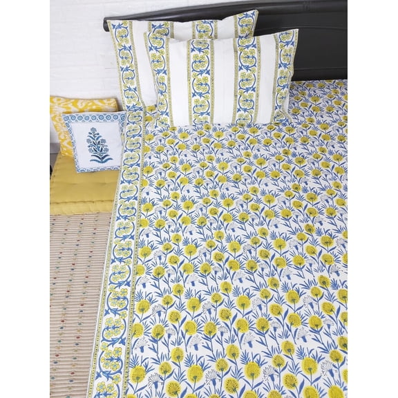 Maplepad Handblock Yellow Floral Cotton Double Bedsheet with Two Pillowcases, Size 90"X108", Pk1