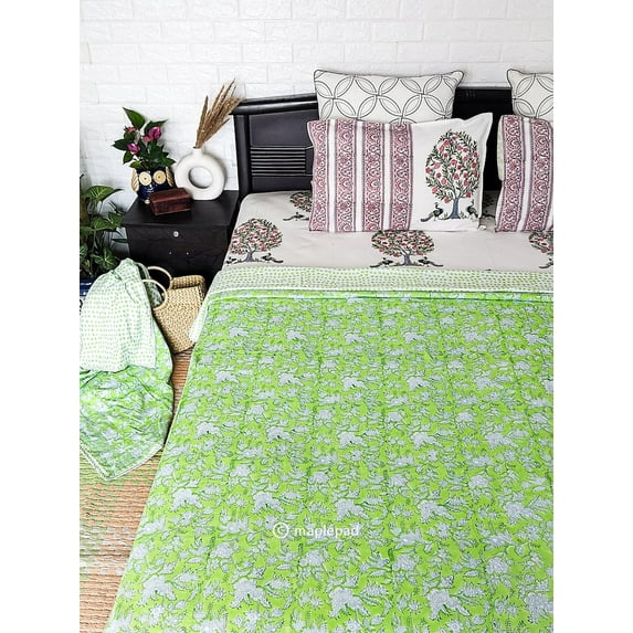 Maplepad handblock printed green floral dohar 90"X60" Pk1