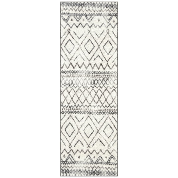 Maples Rugs Distressed Bohemian Diamond Ivory/Gray Indoor Hallway Runner Rug, 2' x 6'