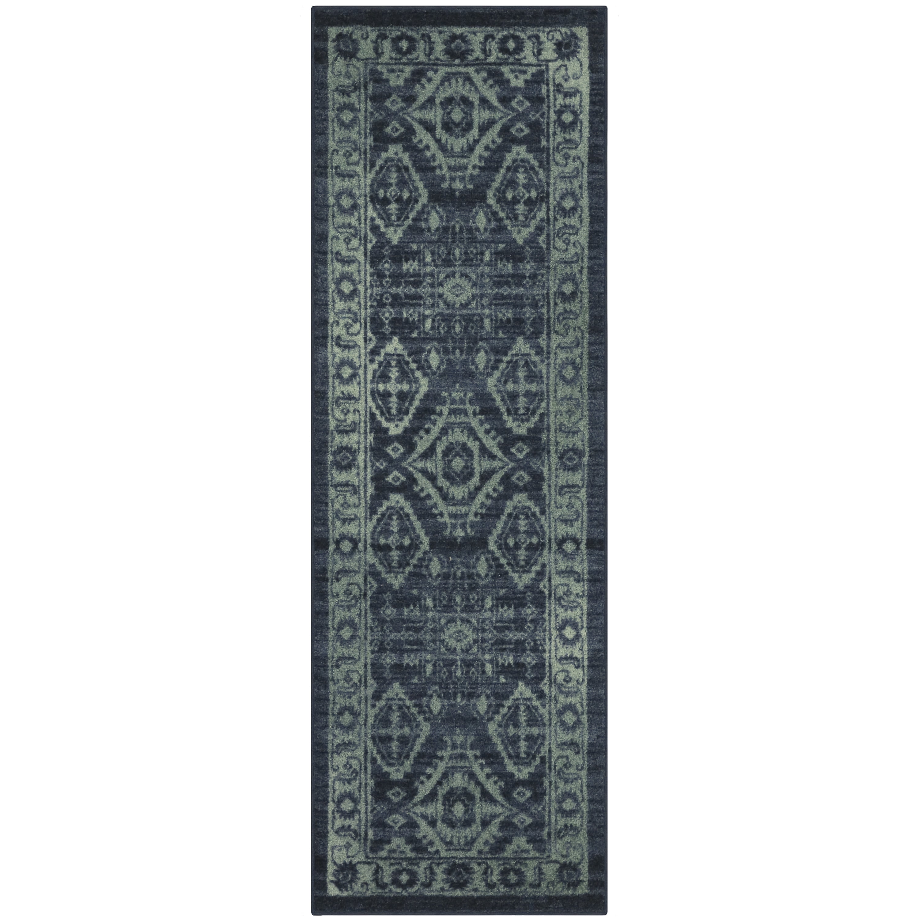 Maples Rugs Georgina Traditional Vintage Navy Green Washable Hallway Runner Rug, 2' x 6'