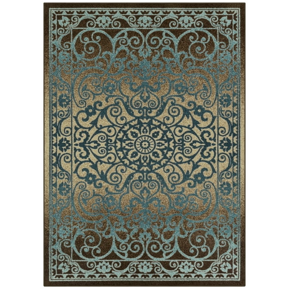 Maples Rugs Pelham Transitional Vintage Scroll Blue Brown Non Slip Indoor Area Rug, 5' x 7'
