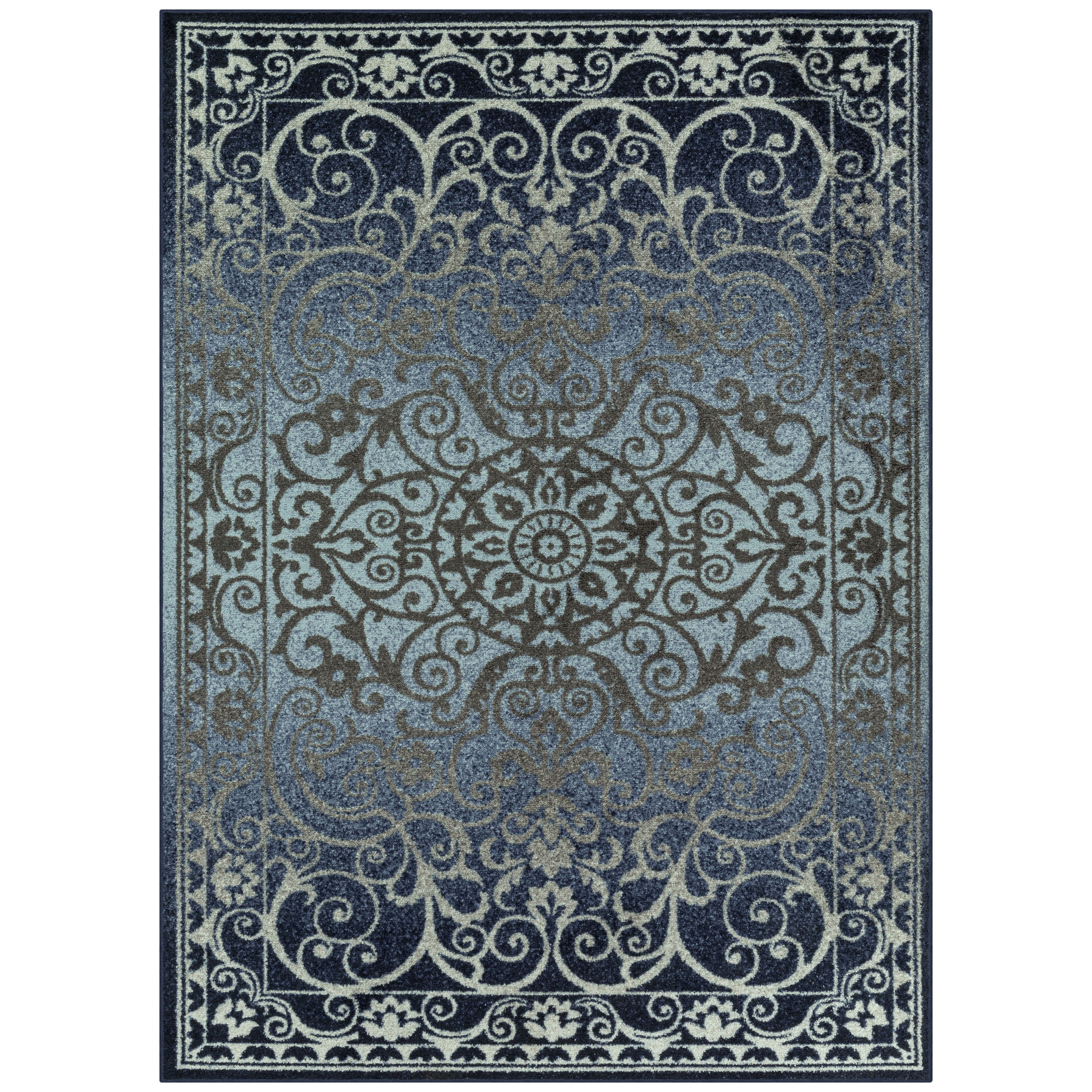 Navy and Grey Vintage Medallion Low Pile Area Rug