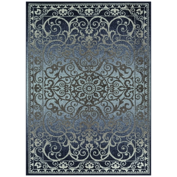 Maples Rugs Pelham Transitional Vintage Scroll Navy Grey Non Slip Indoor Area Rug, 5' x 7'