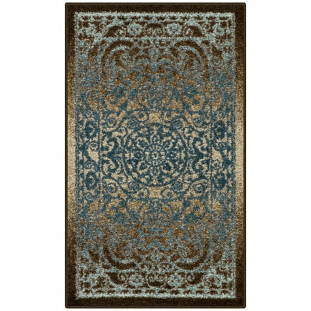 Maples Rugs Pelham Transitional Vintage Scroll Blue Brown Washable Entryway Area Rug, 1'8 x 2'10