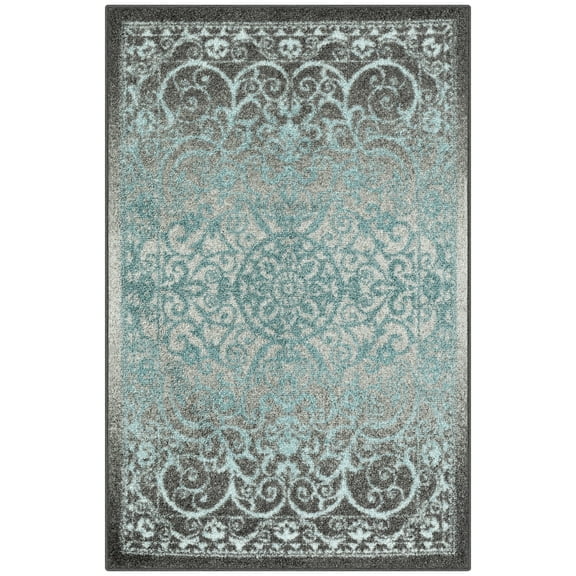 Maples Rugs Pelham Transitional Vintage Scroll Grey Blue Washable Entryway Area Rug, 1'8 x 2'10