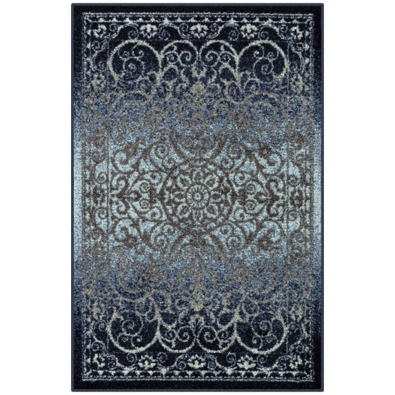 Maples Rugs Pelham Transitional Vintage Scroll Navy Grey Washable Entryway Area Rug, 1'8 x 2'10