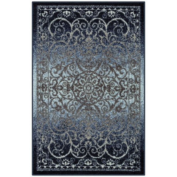 Maples Rugs Pelham Transitional Vintage Scroll Navy Grey Washable Entryway Area Rug, 1'8 x 2'10