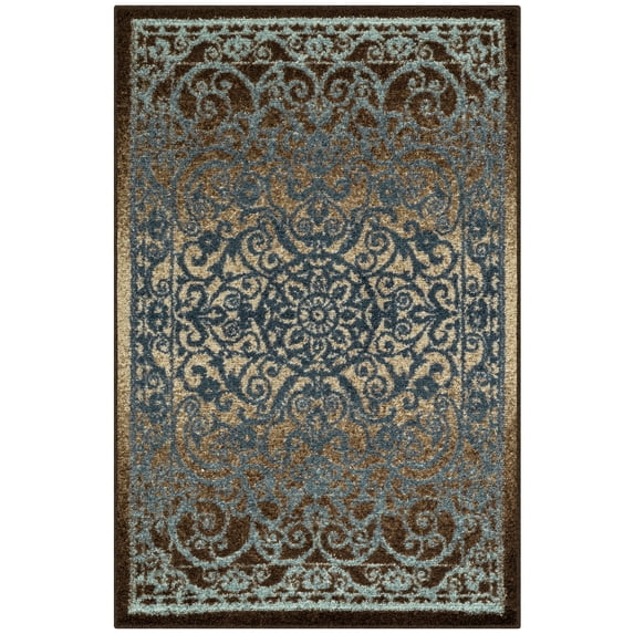 Maples Rugs Pelham Transitional Vintage Scroll Blue Brown Washable Entryway Area Rug, 2'6 x 3'10