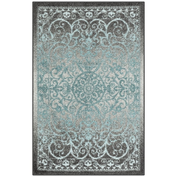 Maples Rugs Pelham Transitional Vintage Scroll Grey Blue Washable Entryway Area Rug, 2'6 x 3'10