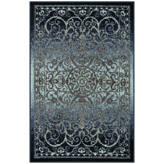 Maples Rugs Pelham Transitional Vintage Scroll Navy Grey Washable Entryway Area Rug, 2'6 x 3'10