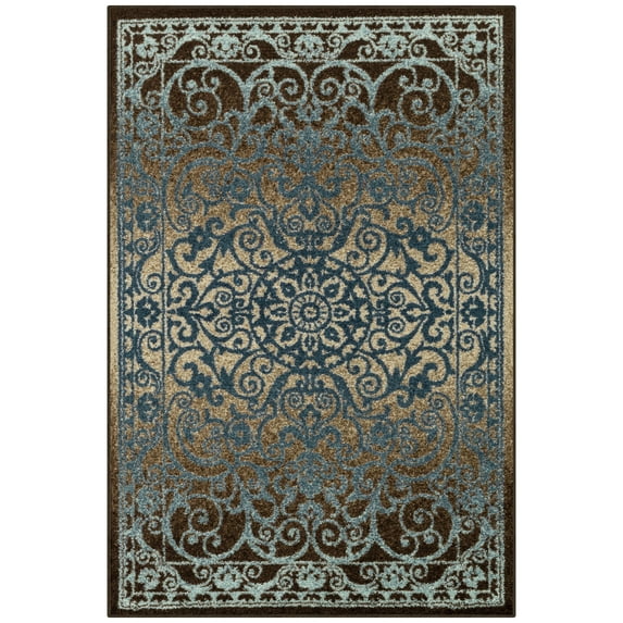 Maples Rugs Pelham Transitional Vintage Scroll Blue Brown Non Slip Indoor Area Rug, 3'4 x 5'