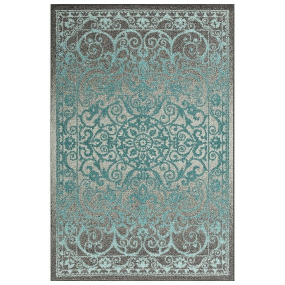 Maples Rugs Pelham Transitional Vintage Scroll Grey Blue Non Slip Indoor Area Rug, 3'4 x 5'