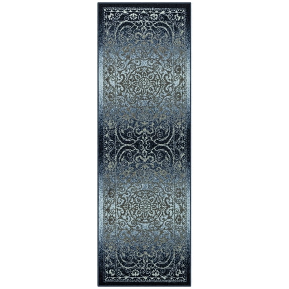 Maples Rugs Pelham Transitional Vintage Scroll Navy Grey Washable Hallway Runner Rug, 1'8 x 5'